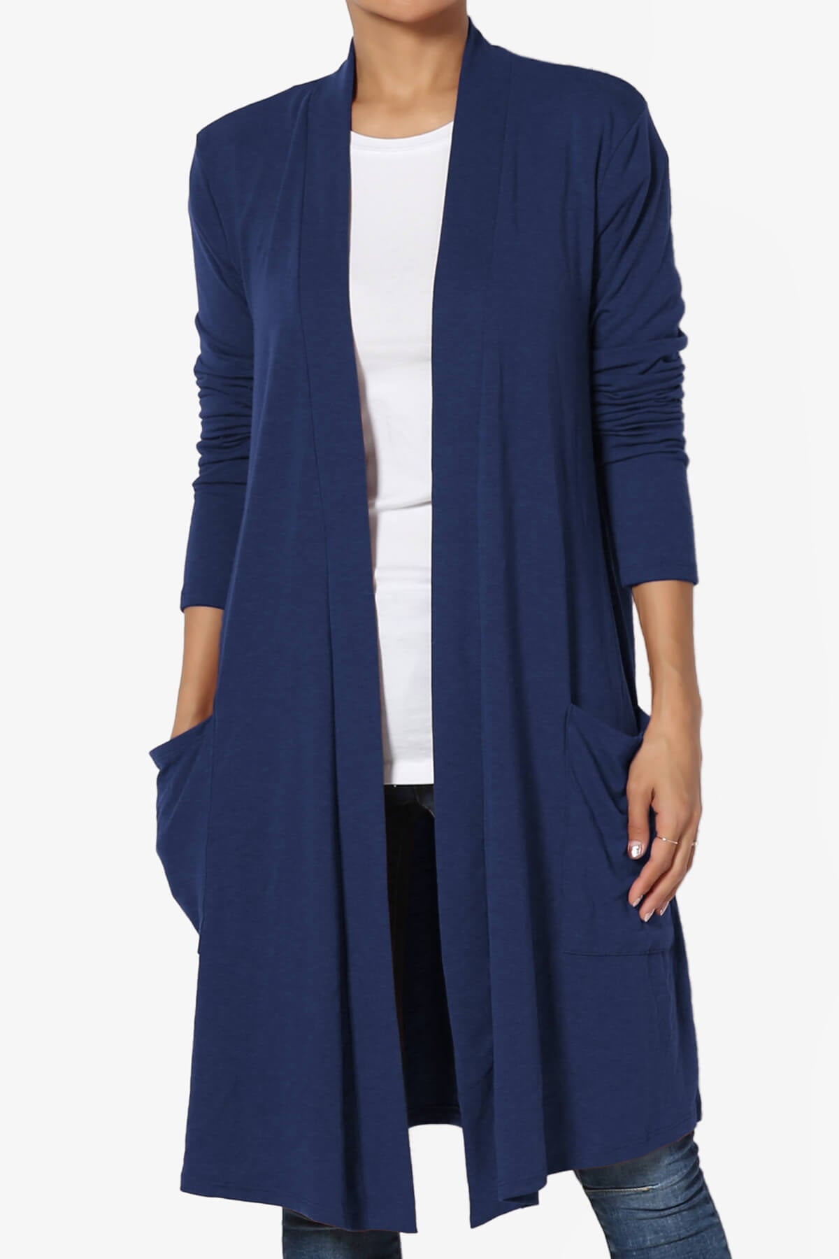 Daday Pocket Jersey Knee Length Cardigan LIGHT NAVY_1