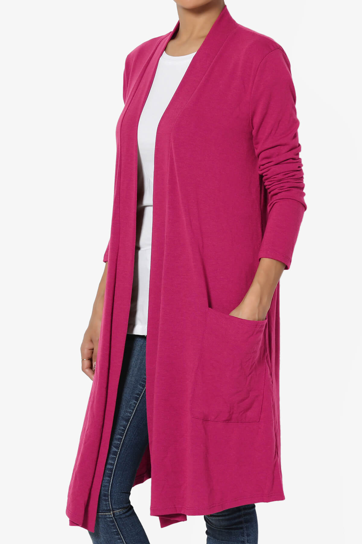Daday Pocket Jersey Knee Length Cardigan MAGENTA_3