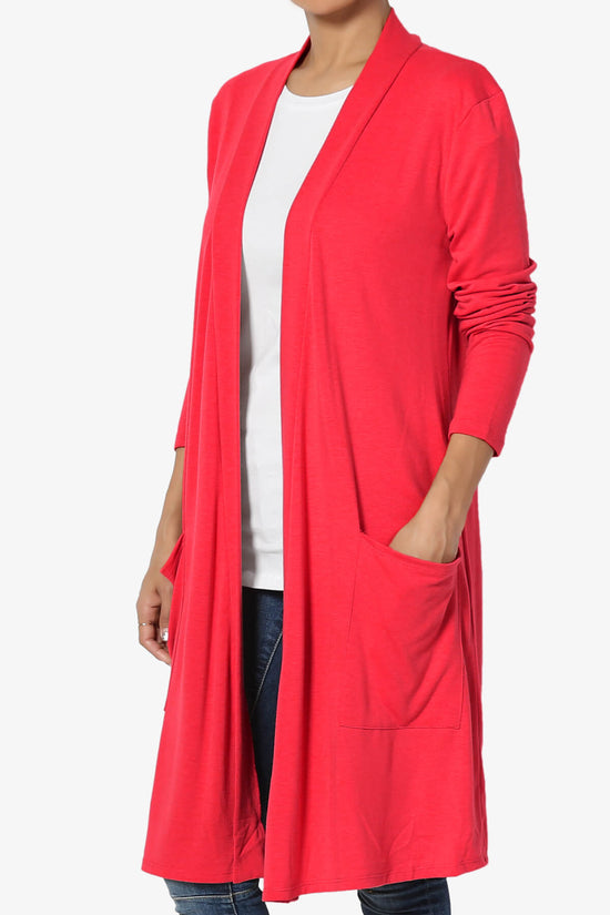 Daday Pocket Jersey Knee Length Cardigan RED_3