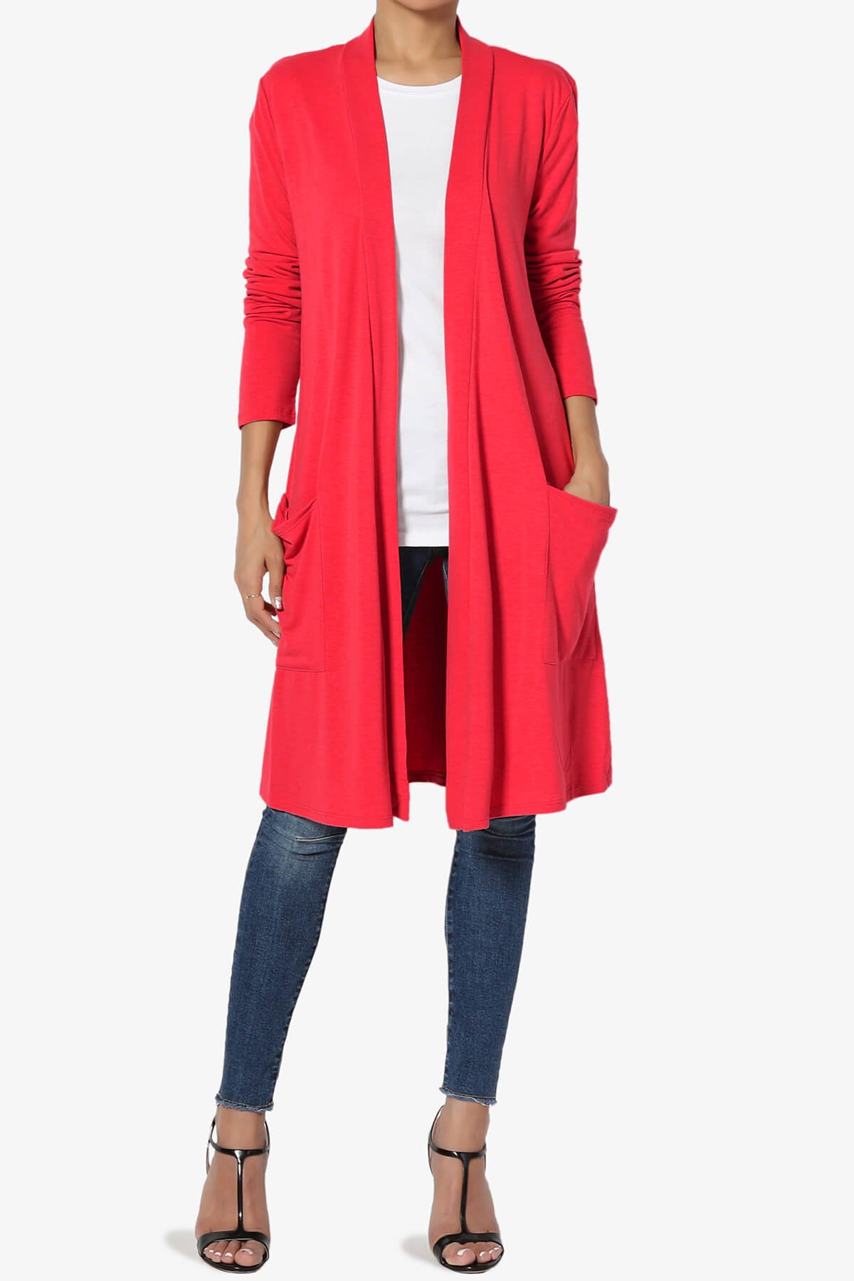 Daday Pocket Jersey Knee Length Cardigan RED_6