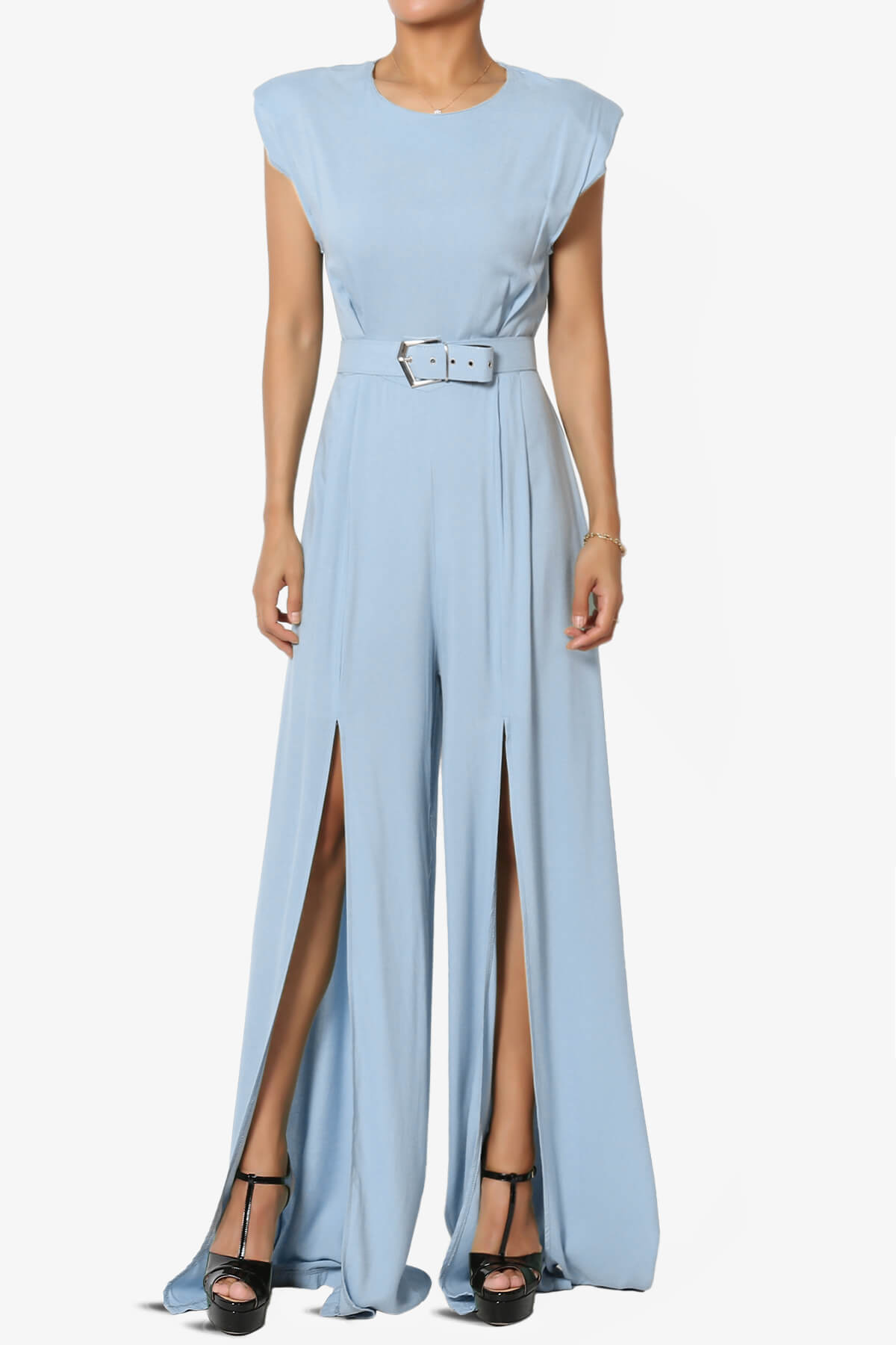 Gates Padded Shoulder Slit Wide Leg Jumpsuit TALL LIGHT BLUE_1