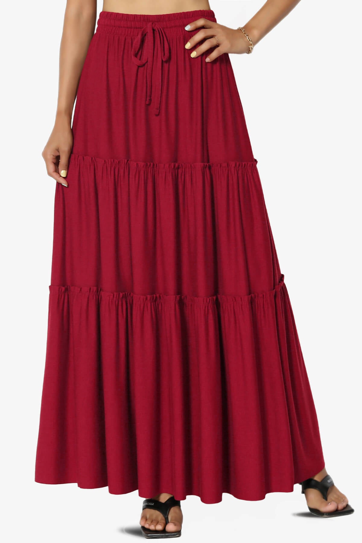 Kelton Ruffle Tiered Jersey Maxi Skirt BURGUNDY_1