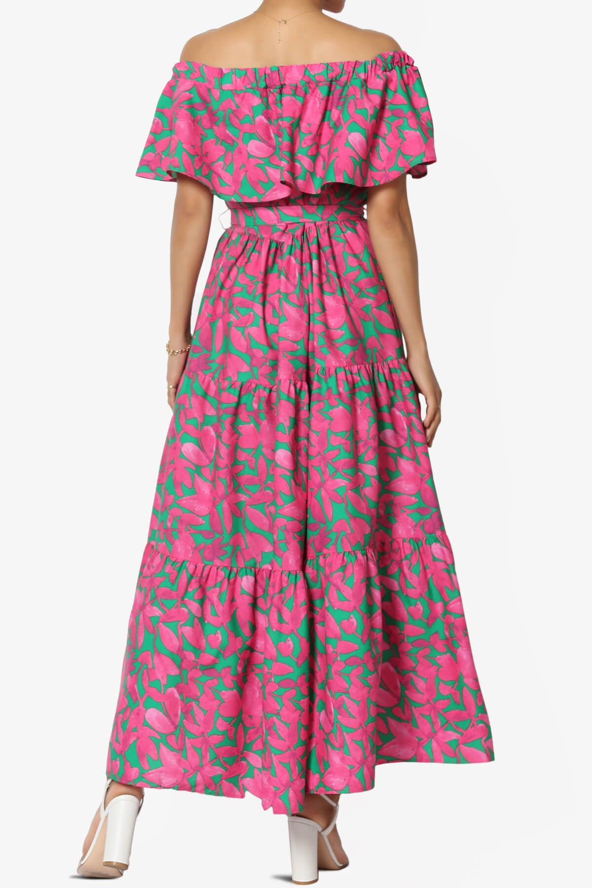Kenny Ruffle Off Shoulder Floral Woven Long Dress HOT PINK_2