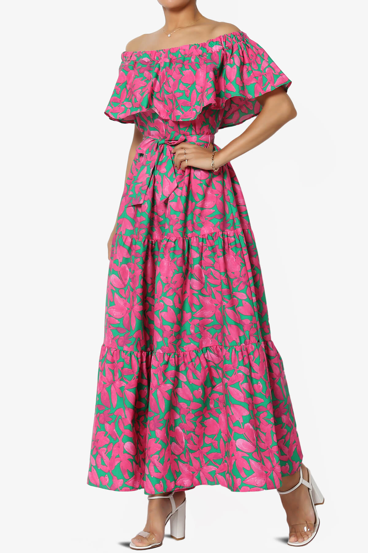 Kenny Ruffle Off Shoulder Floral Woven Long Dress HOT PINK_3
