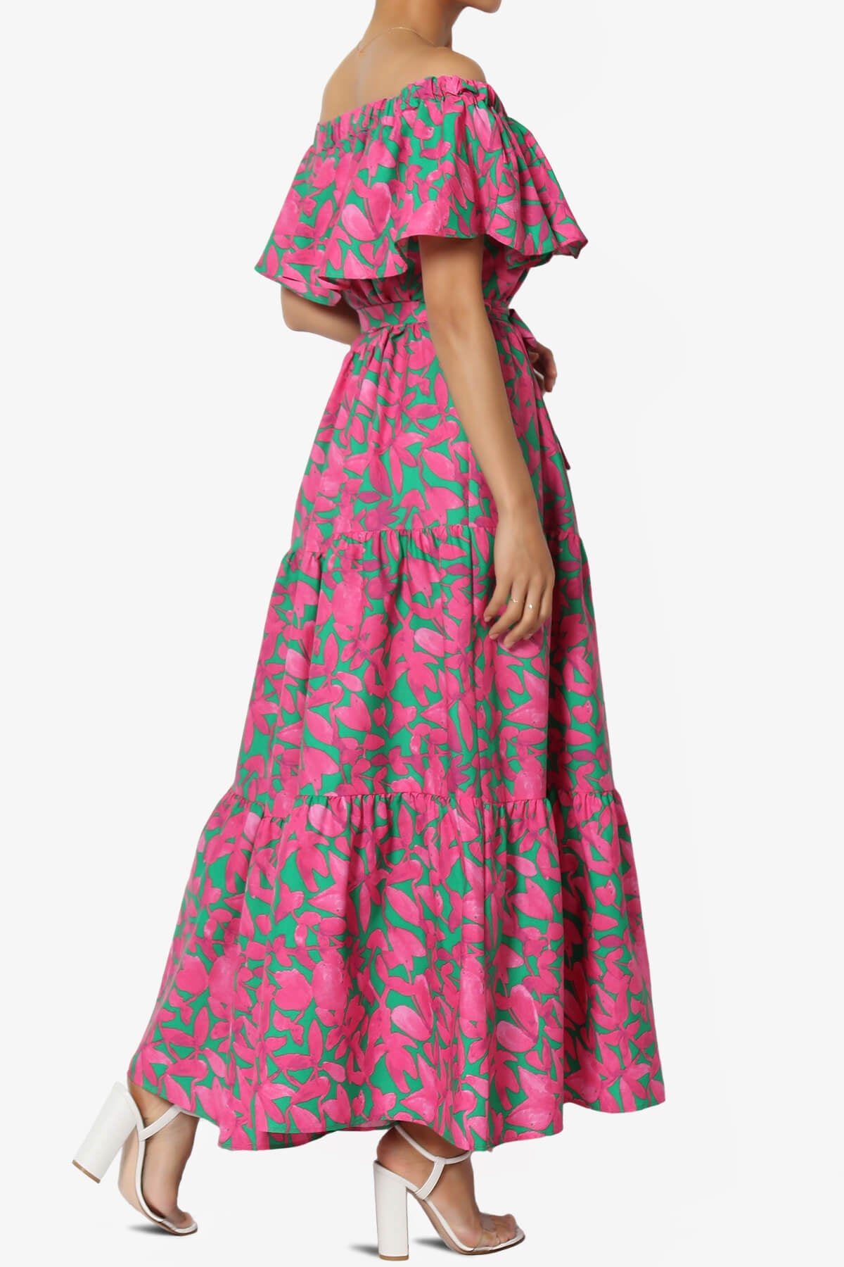 Kenny Ruffle Off Shoulder Floral Woven Long Dress HOT PINK_4