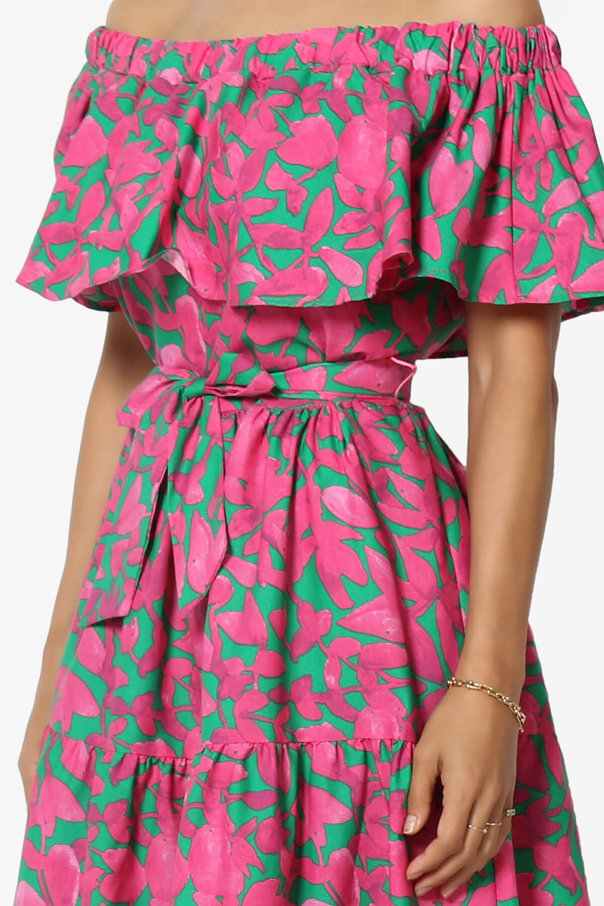 Kenny Ruffle Off Shoulder Floral Woven Long Dress HOT PINK_5