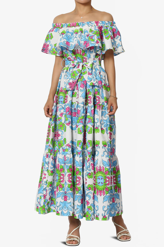 Kenny Ruffle Off Shoulder Floral Woven Long Dress in Light Blue