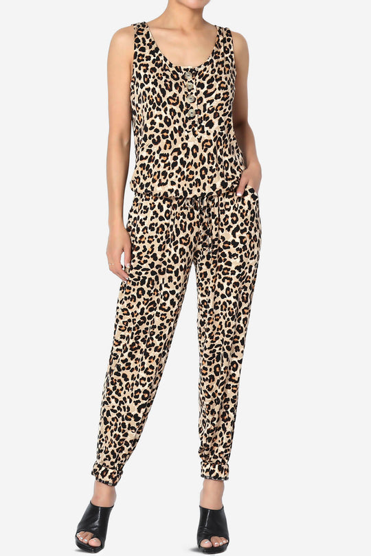 Leopard Print Button Scoop Neck Tank Harem Jumpsuit