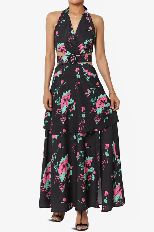 Lockwood Floral Halter Cutout Maxi Dress in Black