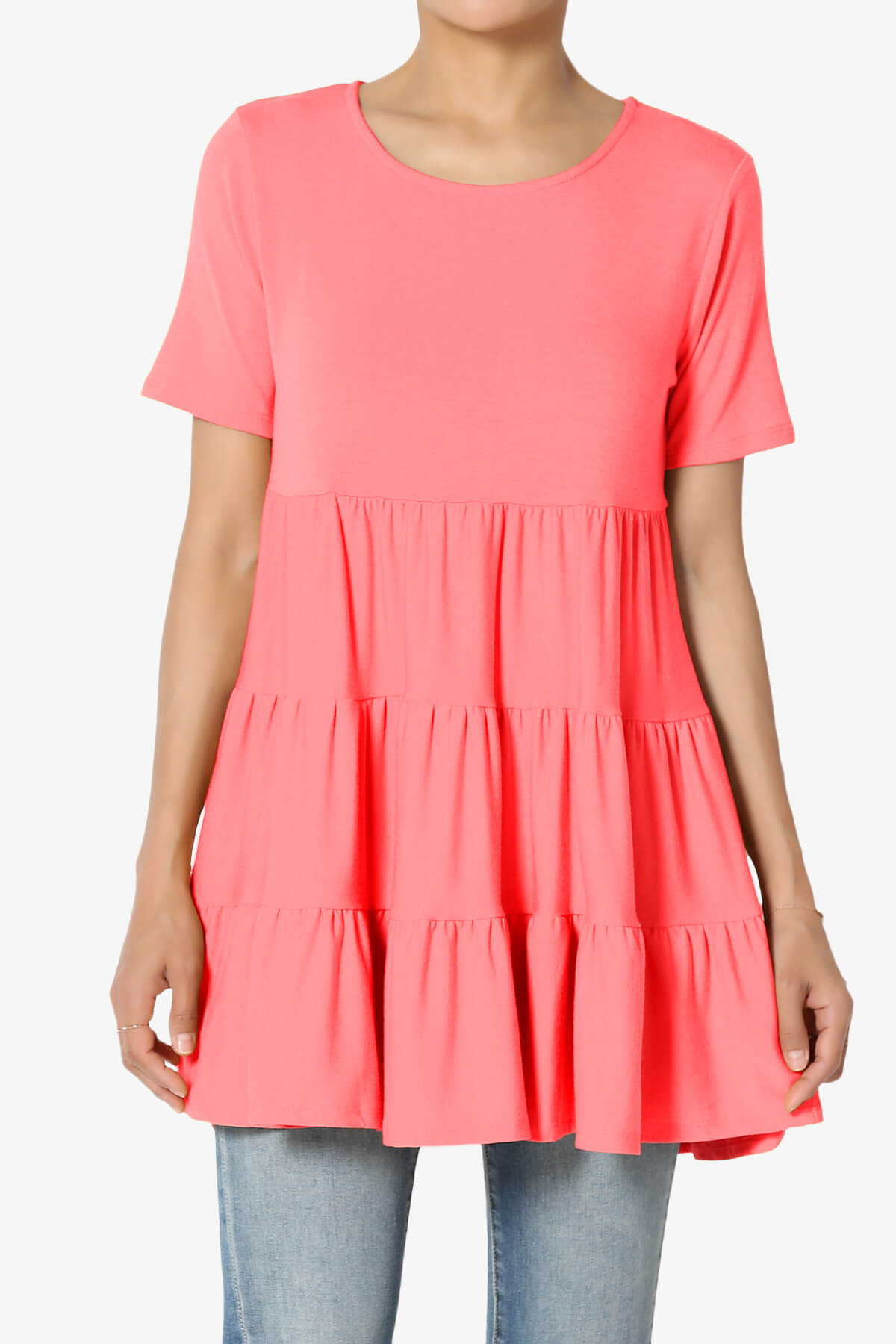 Maiika Short Sleeve Tiered Ruffle Tunic NEON CORAL PINK_1