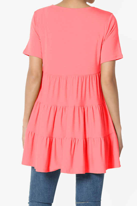 Maiika Short Sleeve Tiered Ruffle Tunic NEON CORAL PINK_2