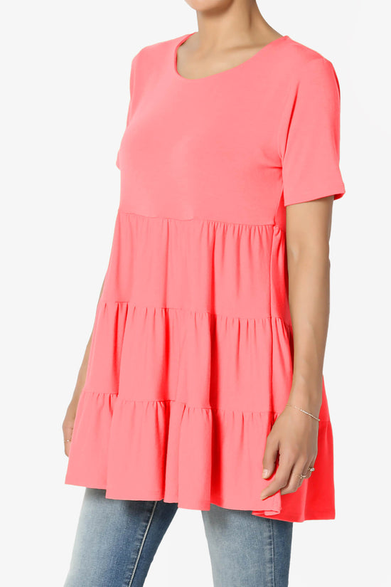 Maiika Short Sleeve Tiered Ruffle Tunic NEON CORAL PINK_3