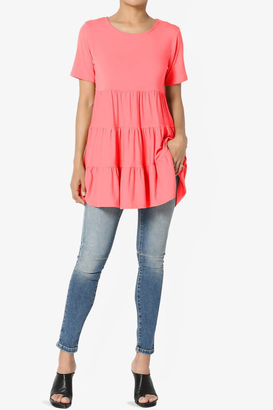 Maiika Short Sleeve Tiered Ruffle Tunic NEON CORAL PINK_6