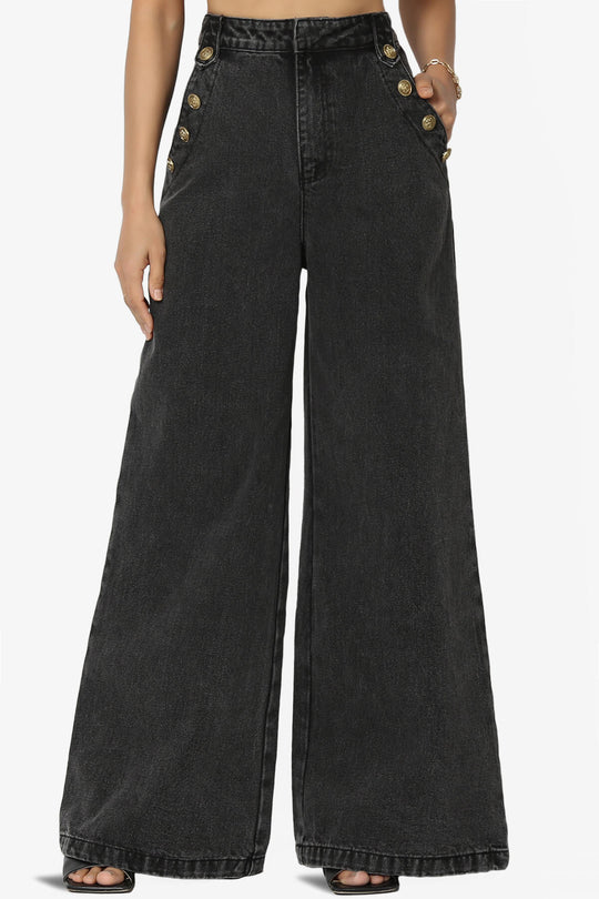 Memento Button Detail High Waist Wide Leg Jeans Black