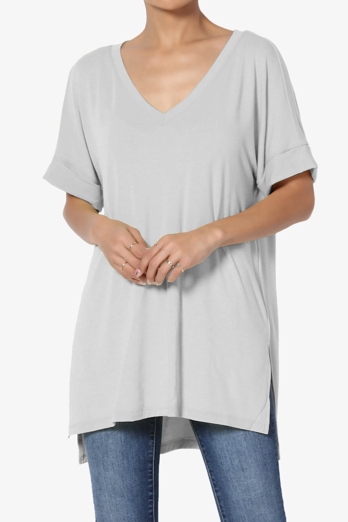 Onella V-Neck Rolled Short Sleeve Top LIGHT GREY_1