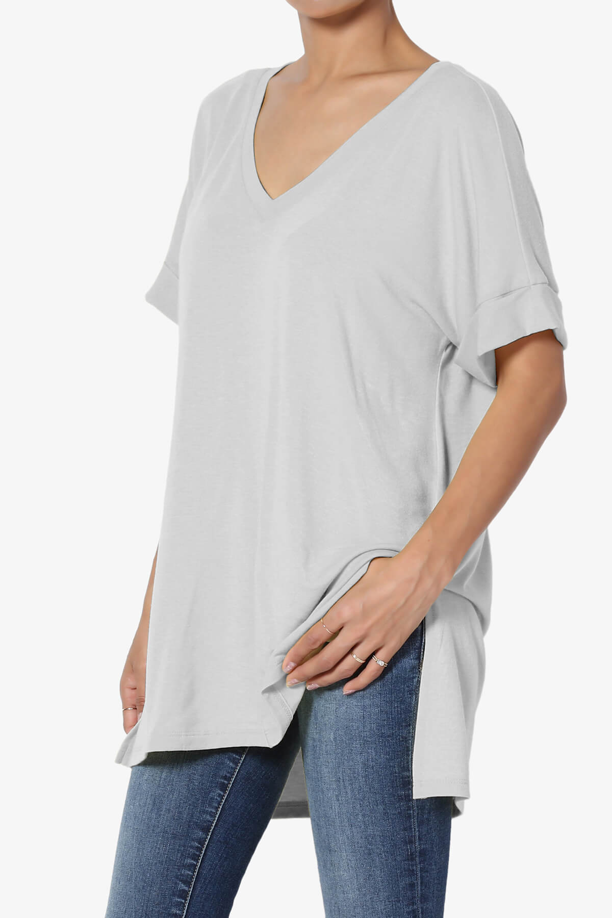 Onella V-Neck Rolled Short Sleeve Top LIGHT GREY_3