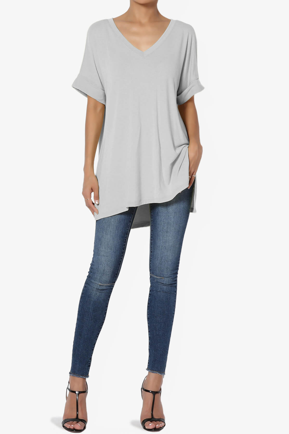Onella V-Neck Rolled Short Sleeve Top LIGHT GREY_6