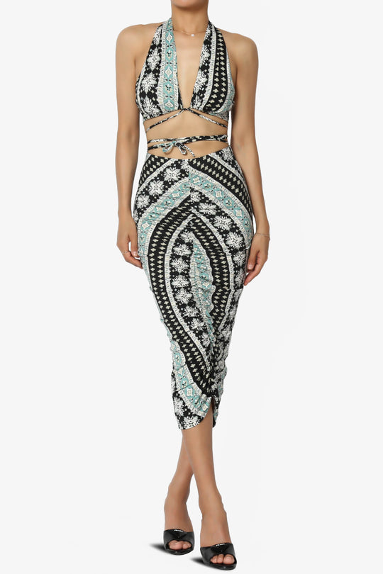 Rally Printed Halter Bra Top & Ruched Midi Skirt SET