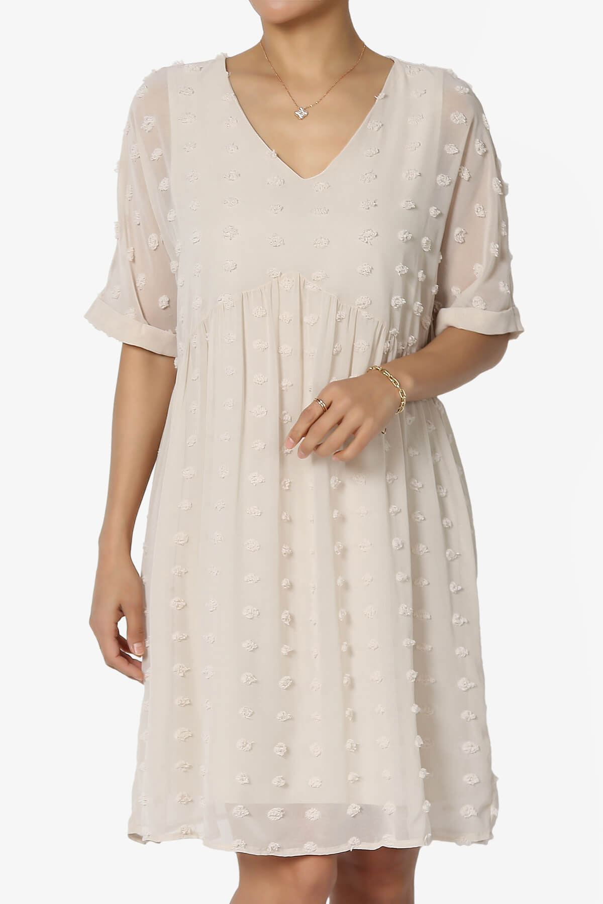 Sandra Swiss Dot Short Sleeve Babydoll Dress SAND BEIGE_1