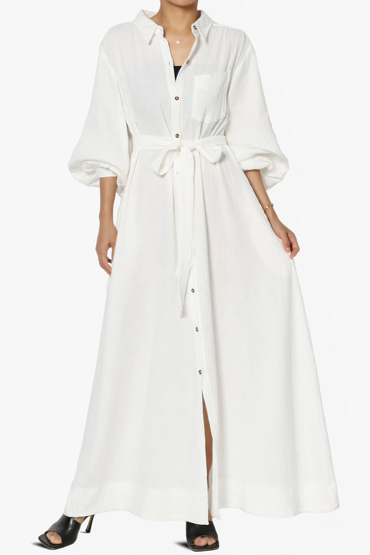 Sydnee Gauze Balloon Sleeve Belted Shirt Maxi Dress