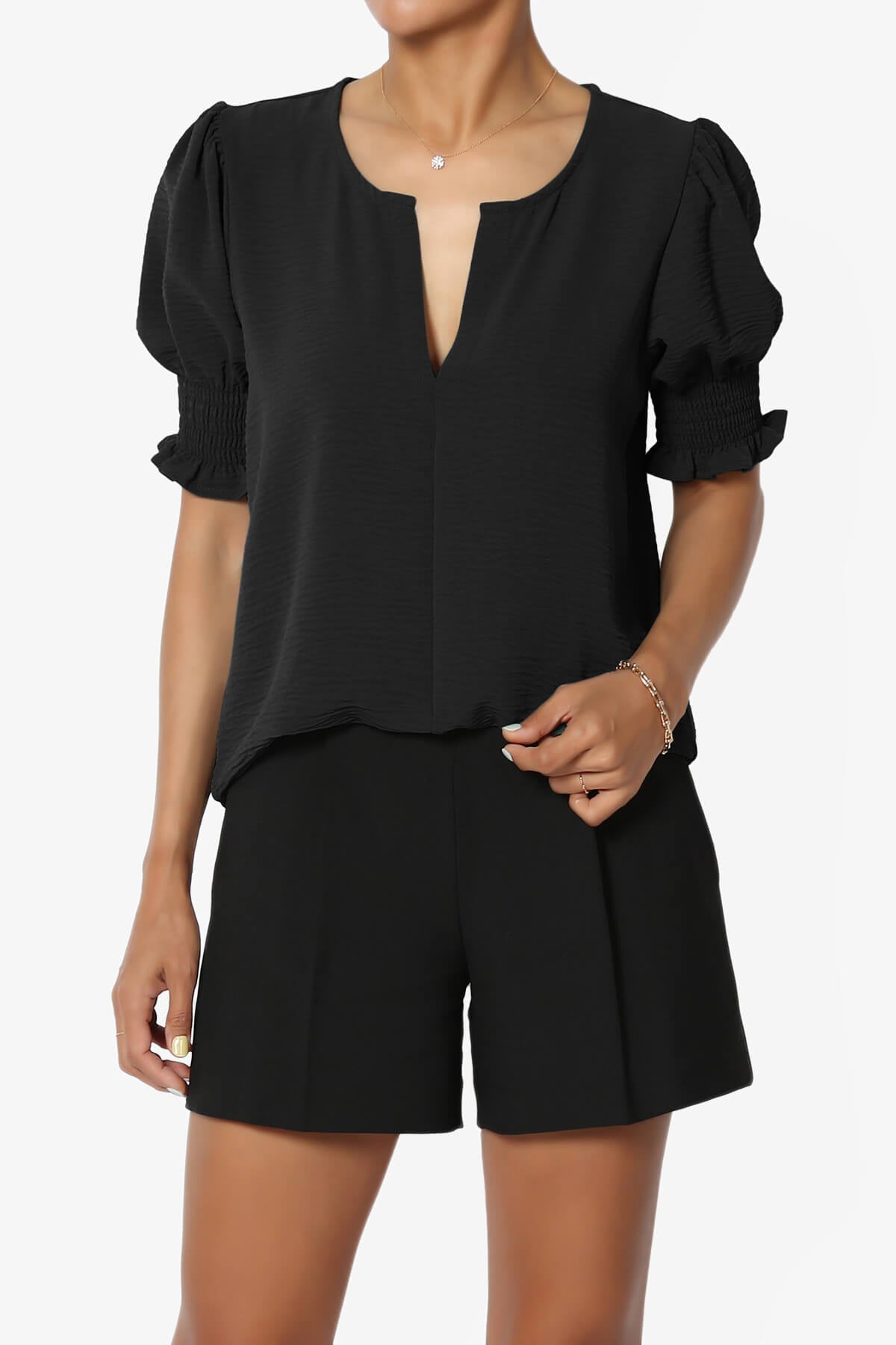 Tori Cool Woven Puff Short Sleeve Top BLACK_1