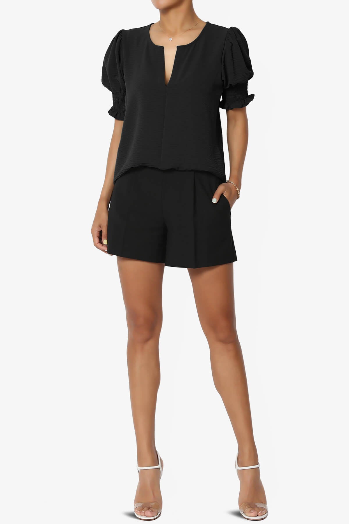 Tori Cool Woven Puff Short Sleeve Top BLACK_6