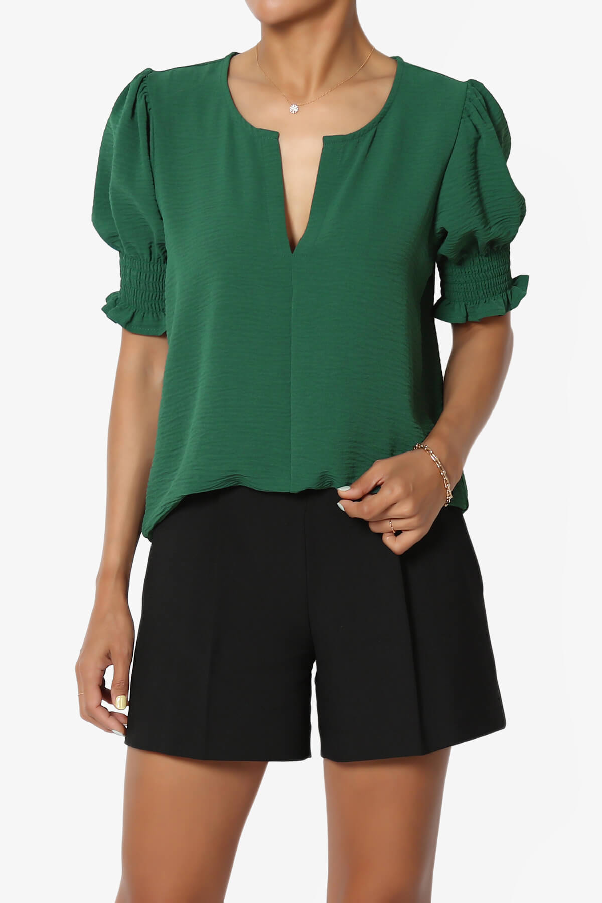 Tori Cool Woven Puff Short Sleeve Top DARK GREEN_1