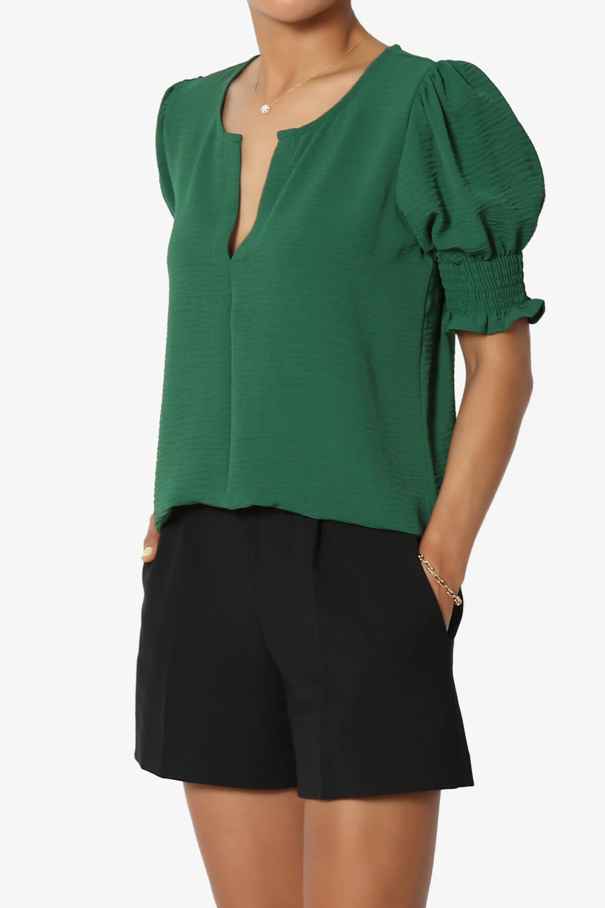 Tori Cool Woven Puff Short Sleeve Top DARK GREEN_3