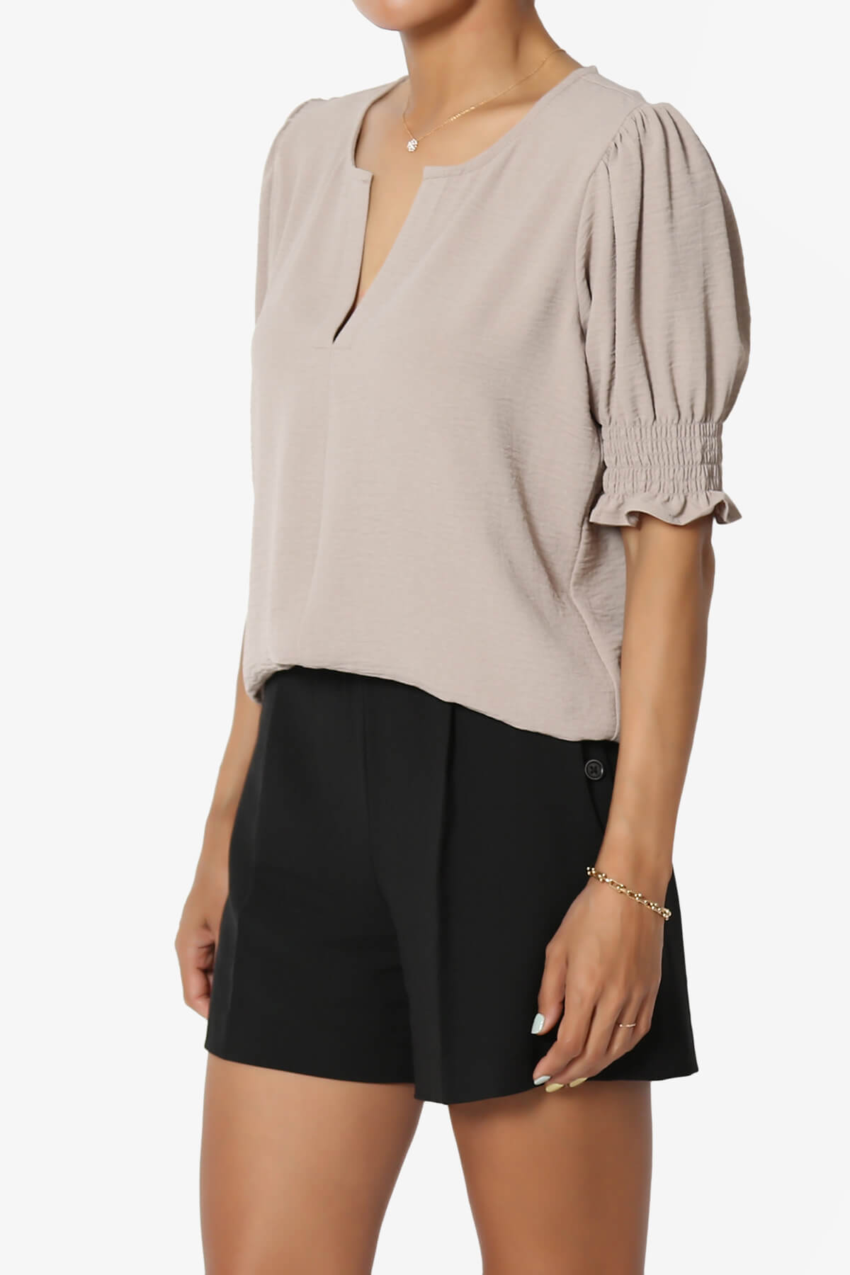 Tori Cool Woven Puff Short Sleeve Top LIGHT MOCHA_3