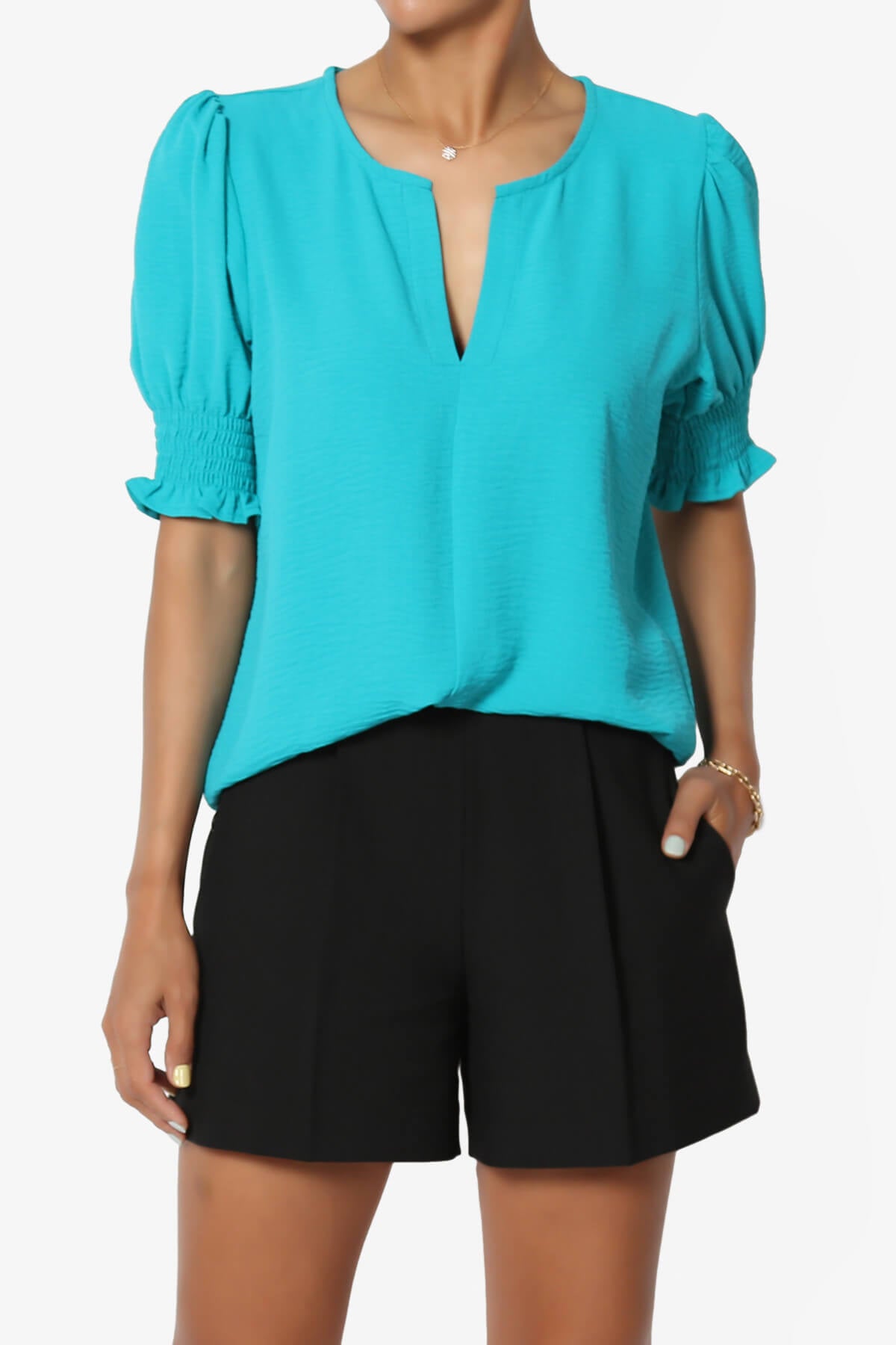 Tori Cool Woven Puff Short Sleeve Top LT TEAL_1