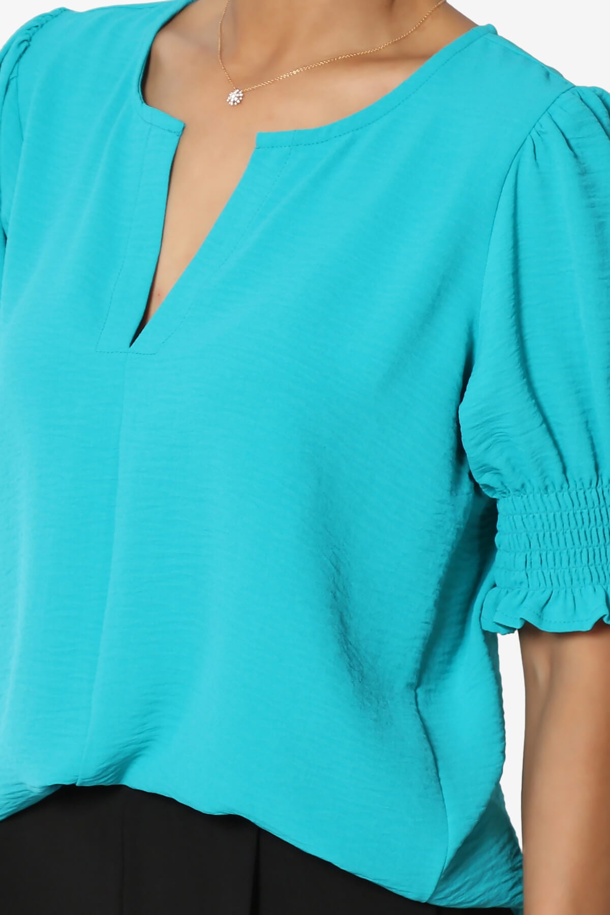 Tori Cool Woven Puff Short Sleeve Top LT TEAL_5