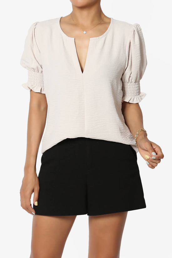 Tori Cool Woven Puff Short Sleeve Top SAND BEIGE_1