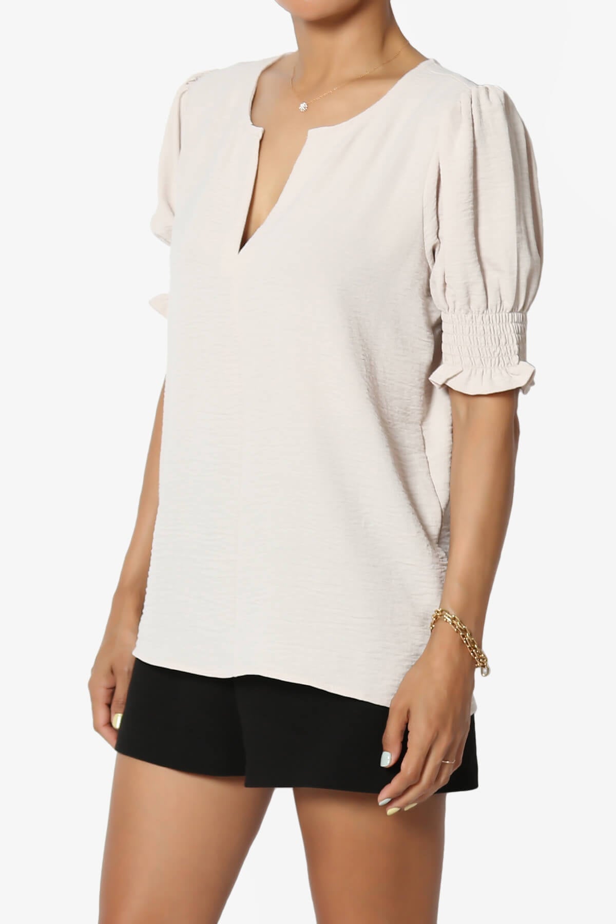 Tori Cool Woven Puff Short Sleeve Top SAND BEIGE_3