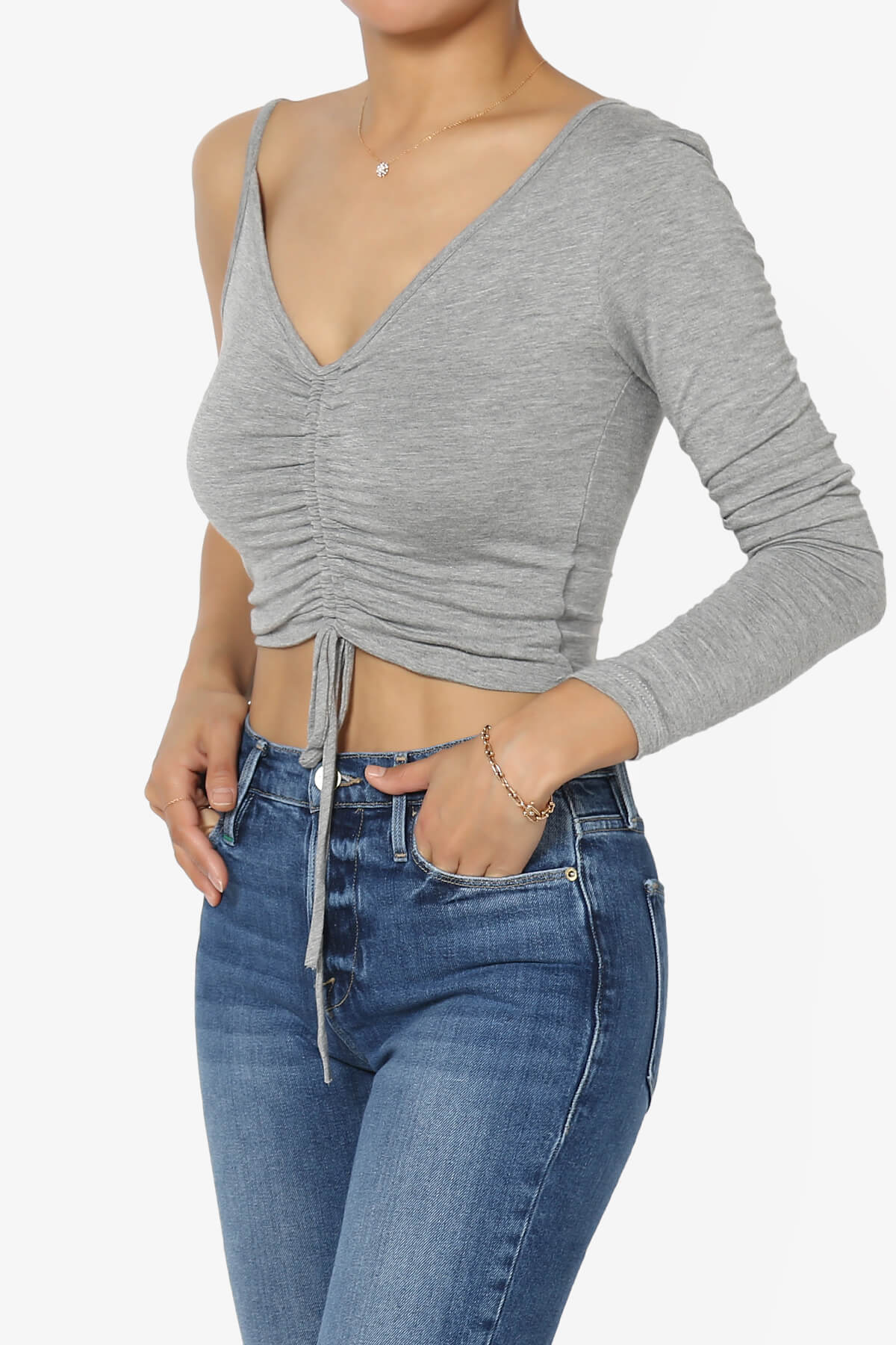 Ziggy One Shoulder Long Sleeve Crop Top HEATHER GREY_3