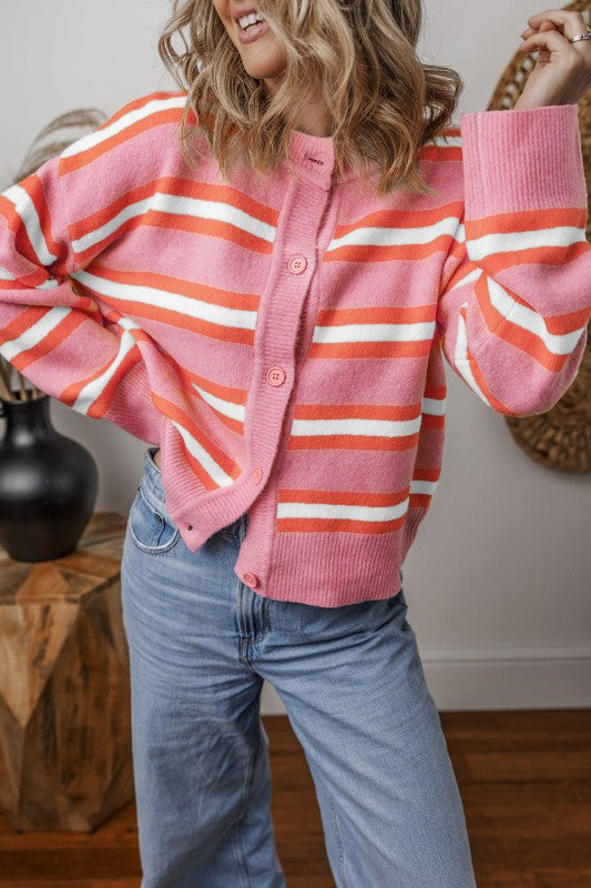 JUNIPER BLVD Stripe Drop Shoulder Buttoned Cardigan Sweater