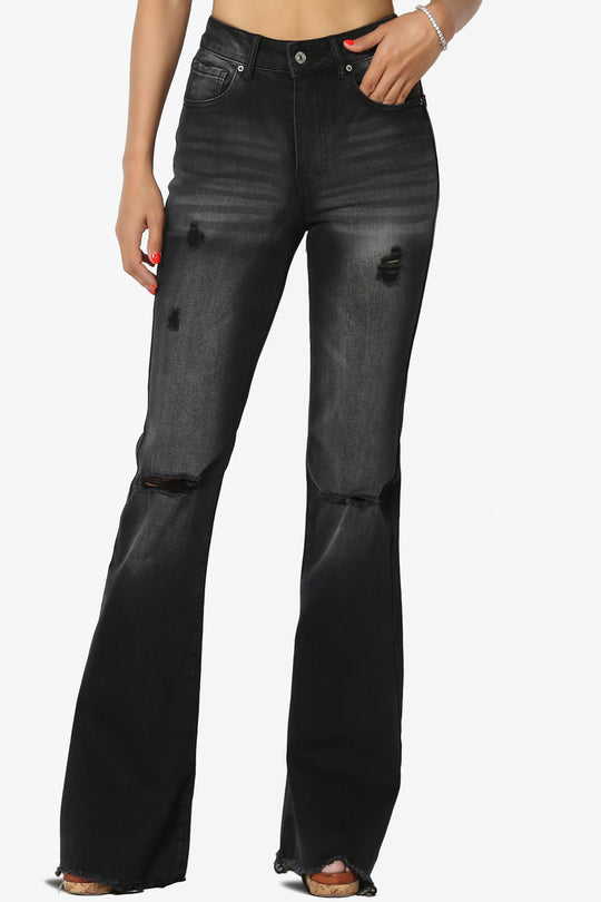 Snazzy High Rise Knee Destroy Flare Jeans BLACK