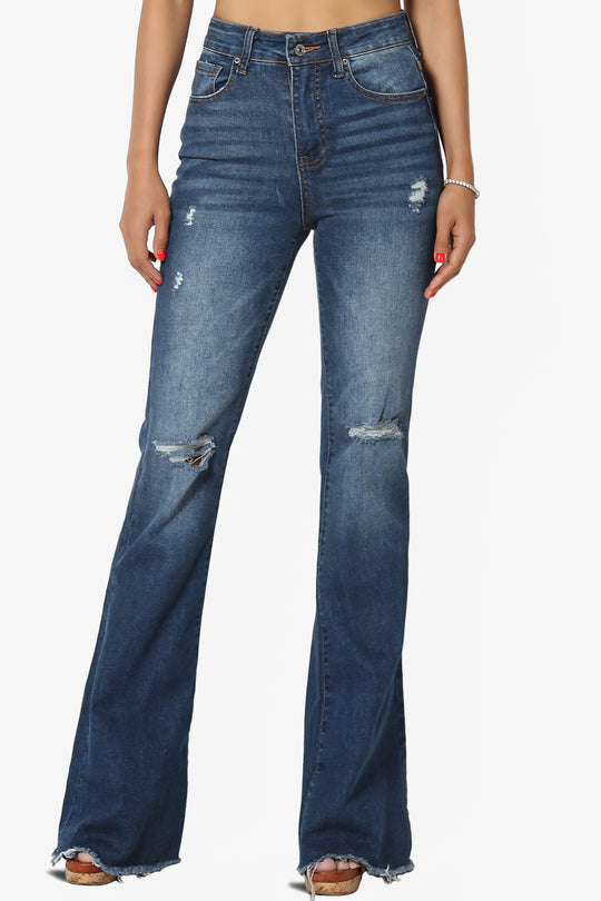 Snazzy High Rise Knee Destroy Flare Jeans DARK