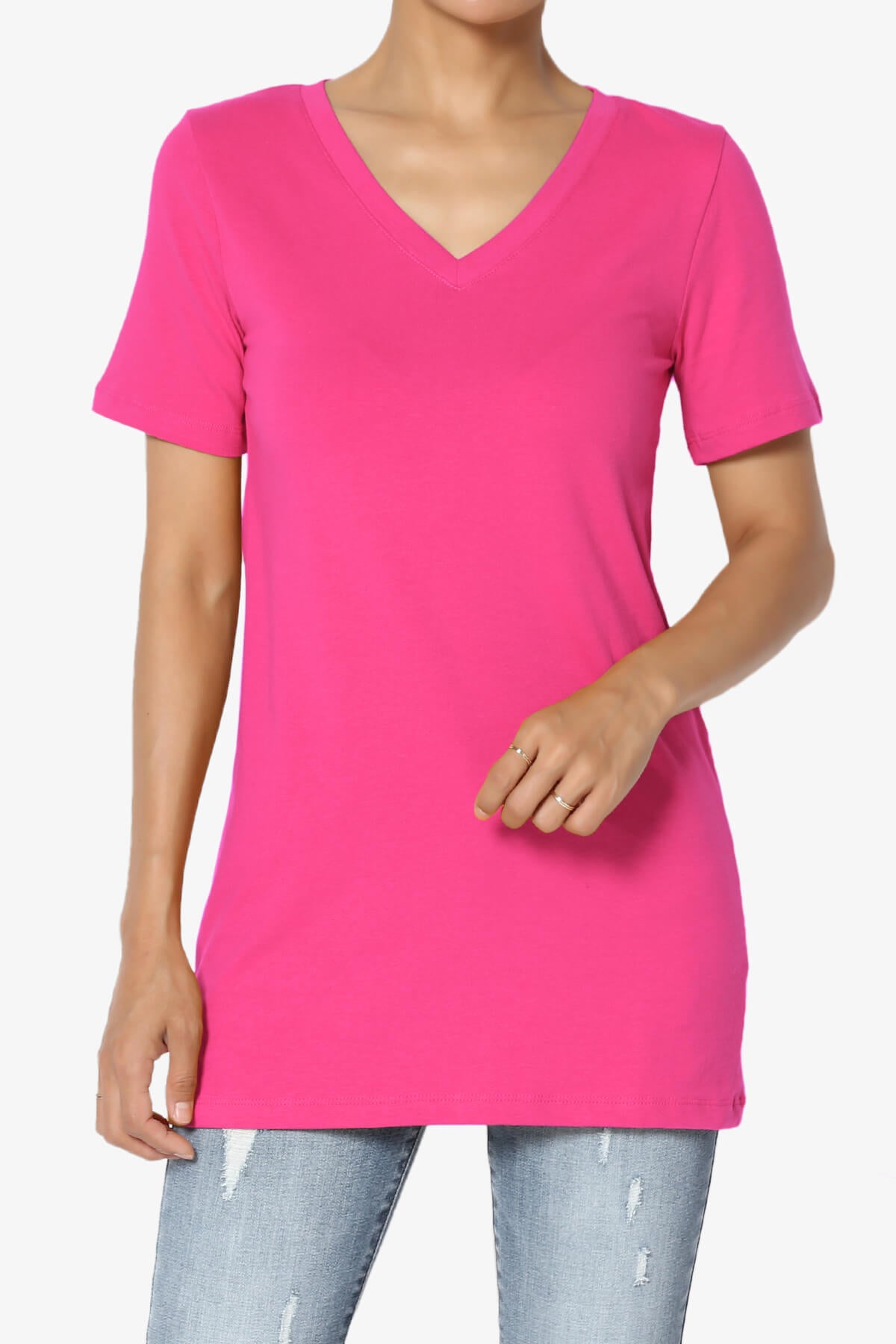 Elora V-Neck Short Sleeve T-Shirt HOT PINK_1
