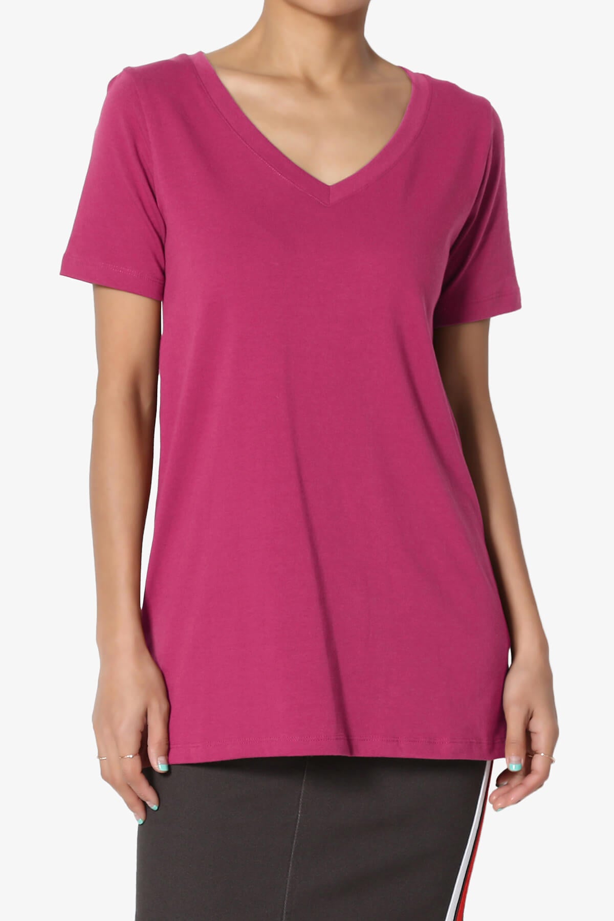 Elora V-Neck Short Sleeve T-Shirt MAGENTA_1