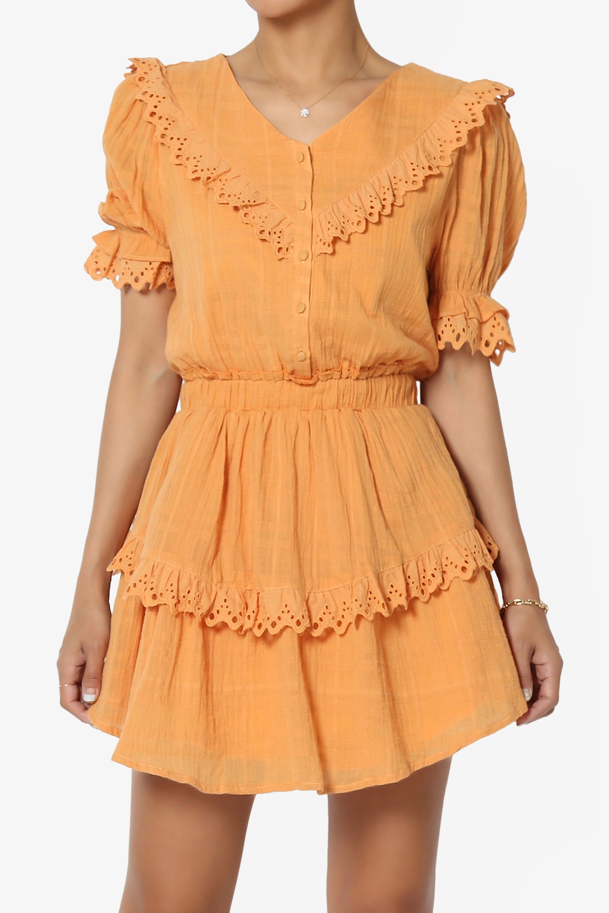 Tille Lace Trim Tiered Dress in Orange
