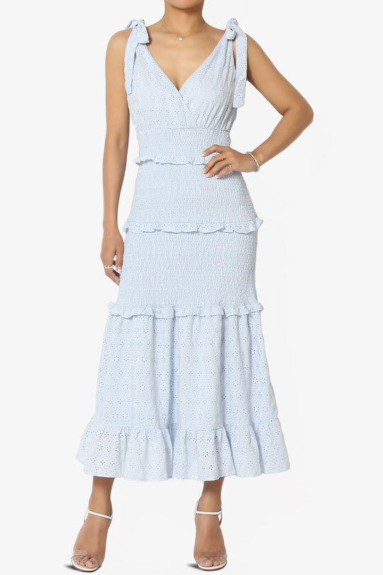 Jayce Embroidered Eyelet Smocked Ruffle Dress in Blue