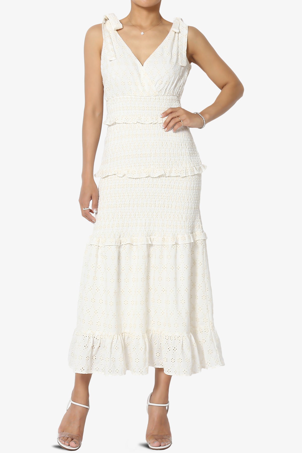 Jayce Embroidered Eyelet Smocked Ruffle Dress in Off White