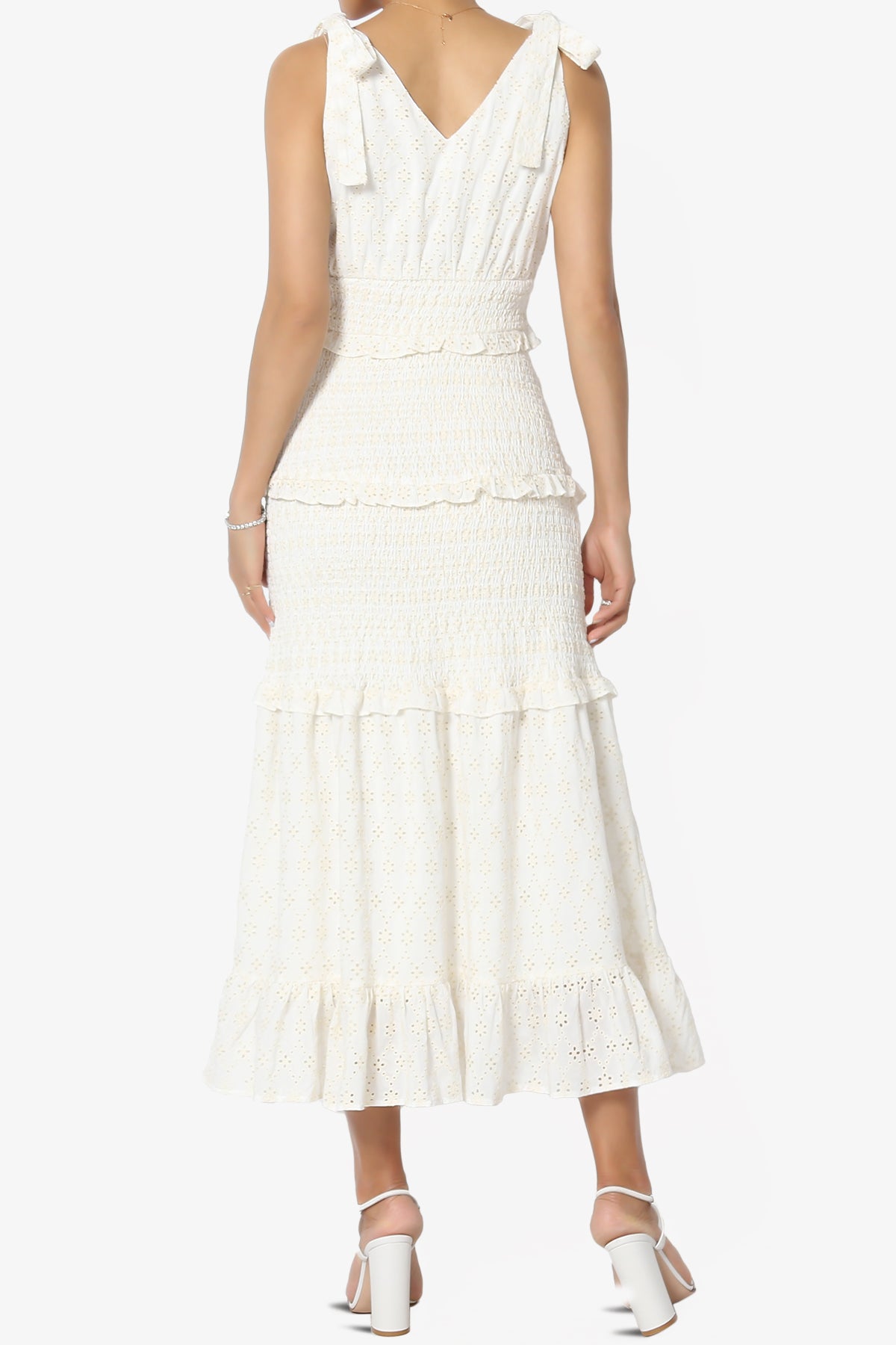Jayce Embroidered Eyelet Smocked Ruffle Dress in Off White