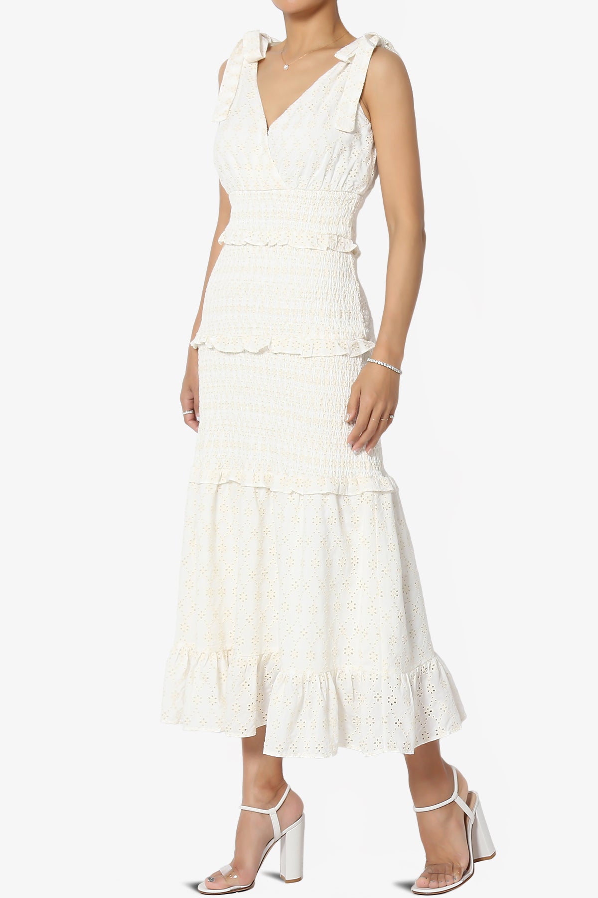 Jayce Embroidered Eyelet Smocked Ruffle Dress in Off White