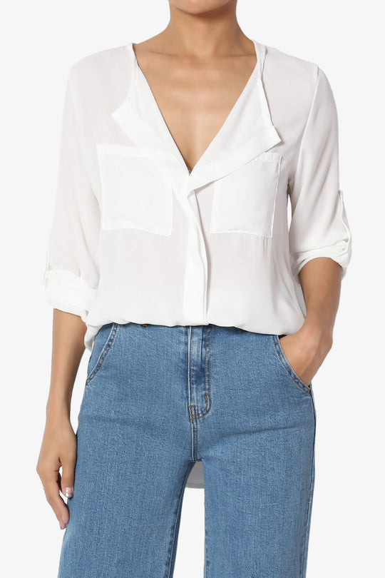 Astoria Tab Sleeve Split V-Neck Blouse