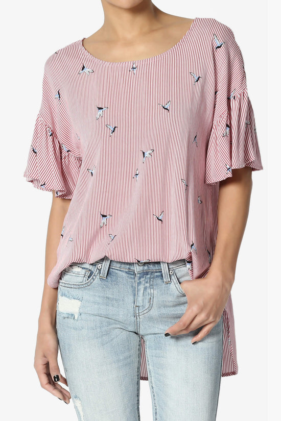 Zuma Striped Ruffle Sleeve Top RED_1