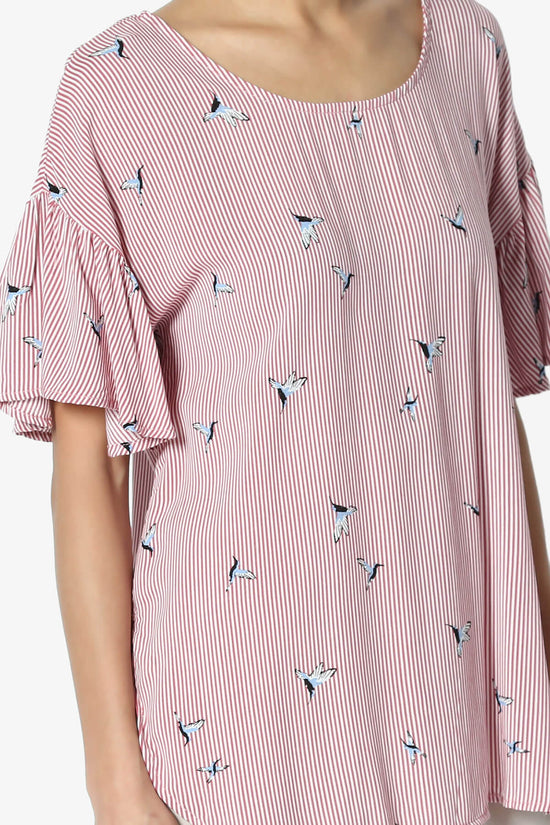 Zuma Striped Ruffle Sleeve Top RED_5