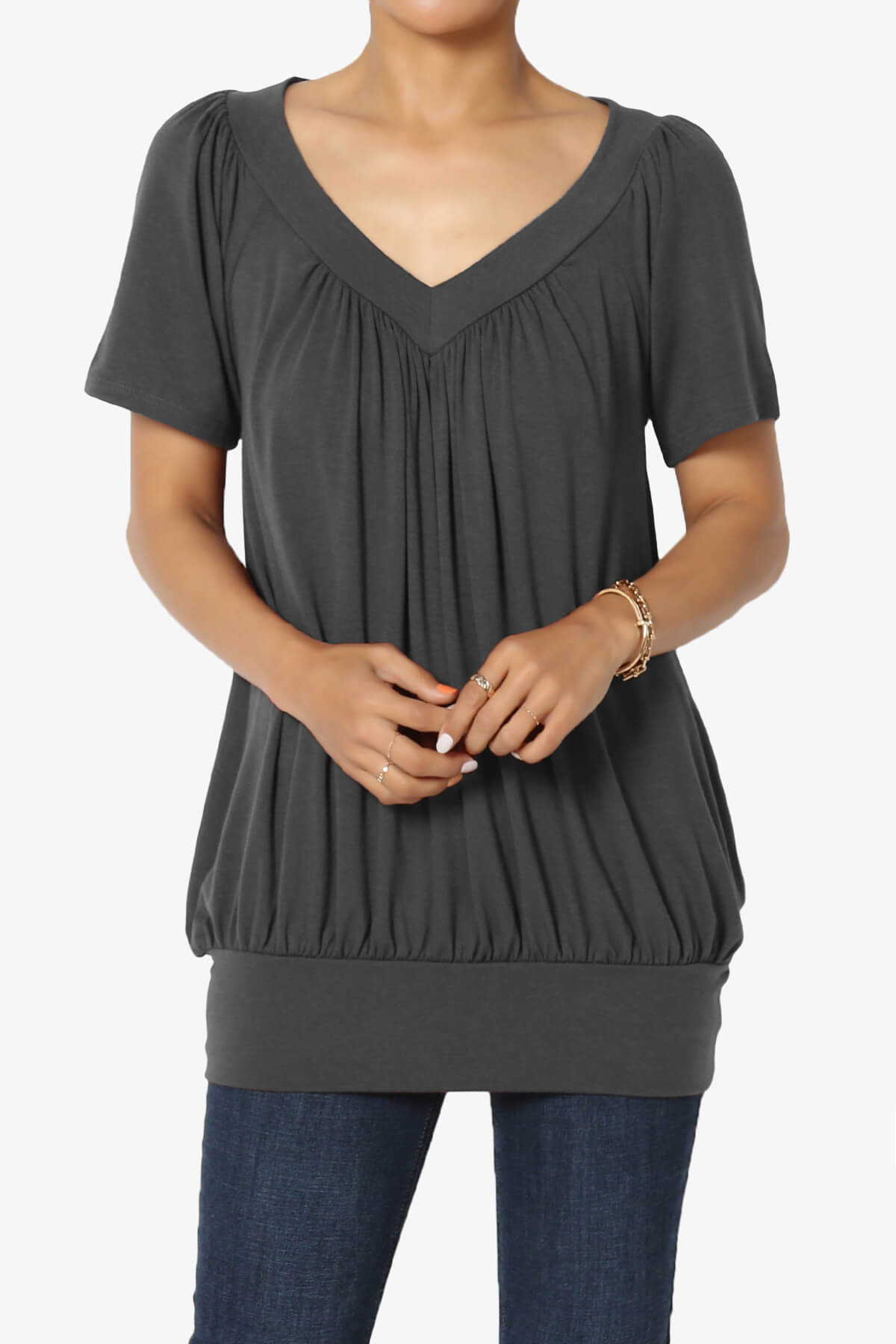 Rezume Shirred V-Neck Blouson Top ASH GREY_1