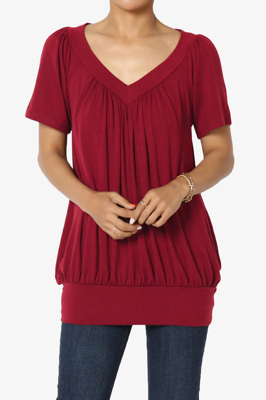 Rezume Shirred V-Neck Blouson Top BURGUNDY_1