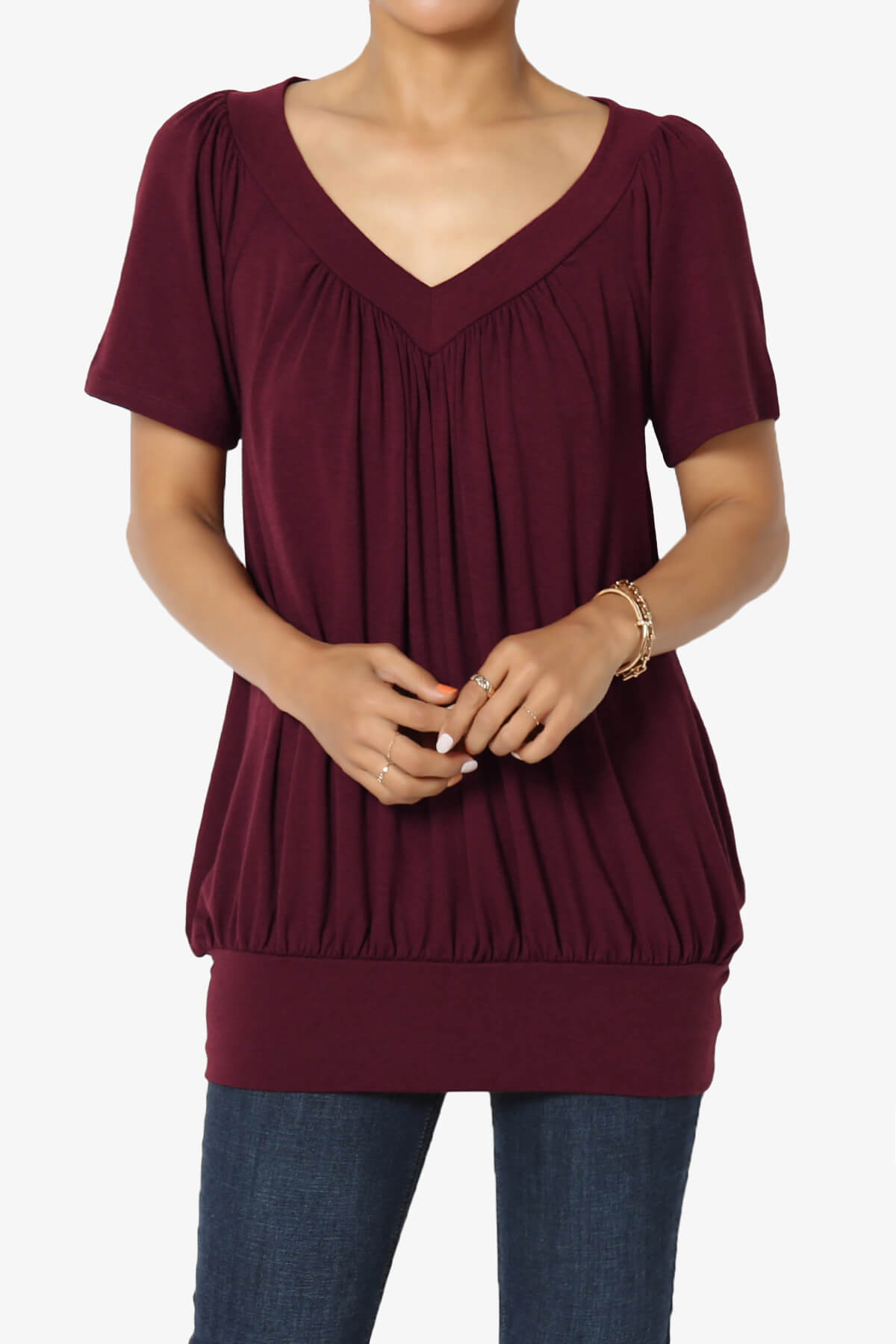 Rezume Shirred V-Neck Blouson Top DARK BURGUNDY_1
